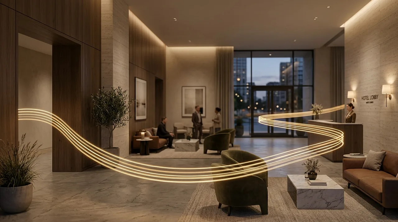 Hotellobby, durchzogen von einem feinen goldenen Lichtfaden