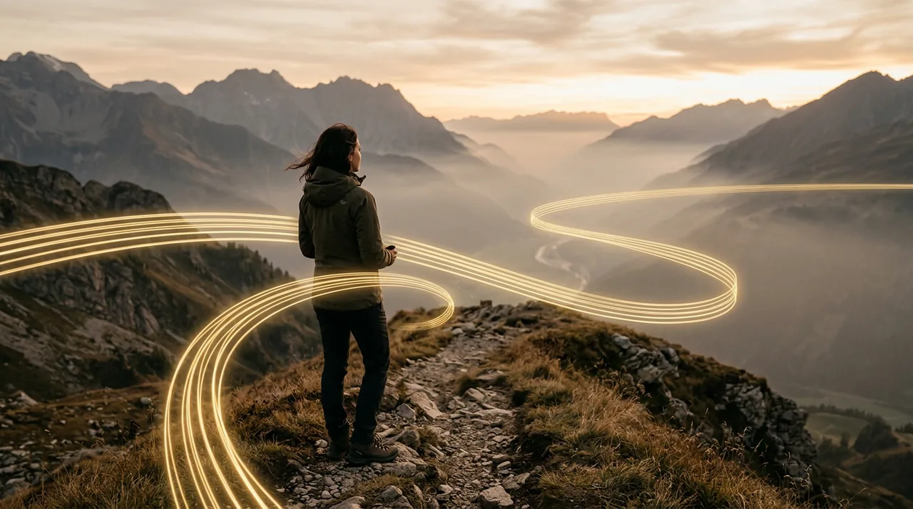 Person mit Smartphone, verbunden mit einem goldenen Lichtfaden